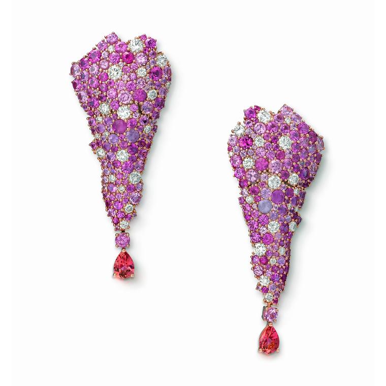 Legends of Africa earrings with diamonds, pink sapphires and tourmalines