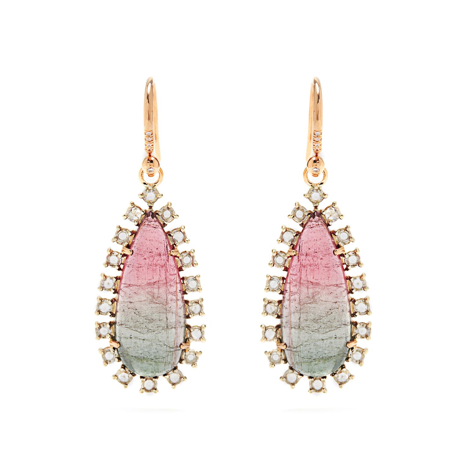 Irene Neuwirth watermelon tourmaline earrings with rose-cut diamonds