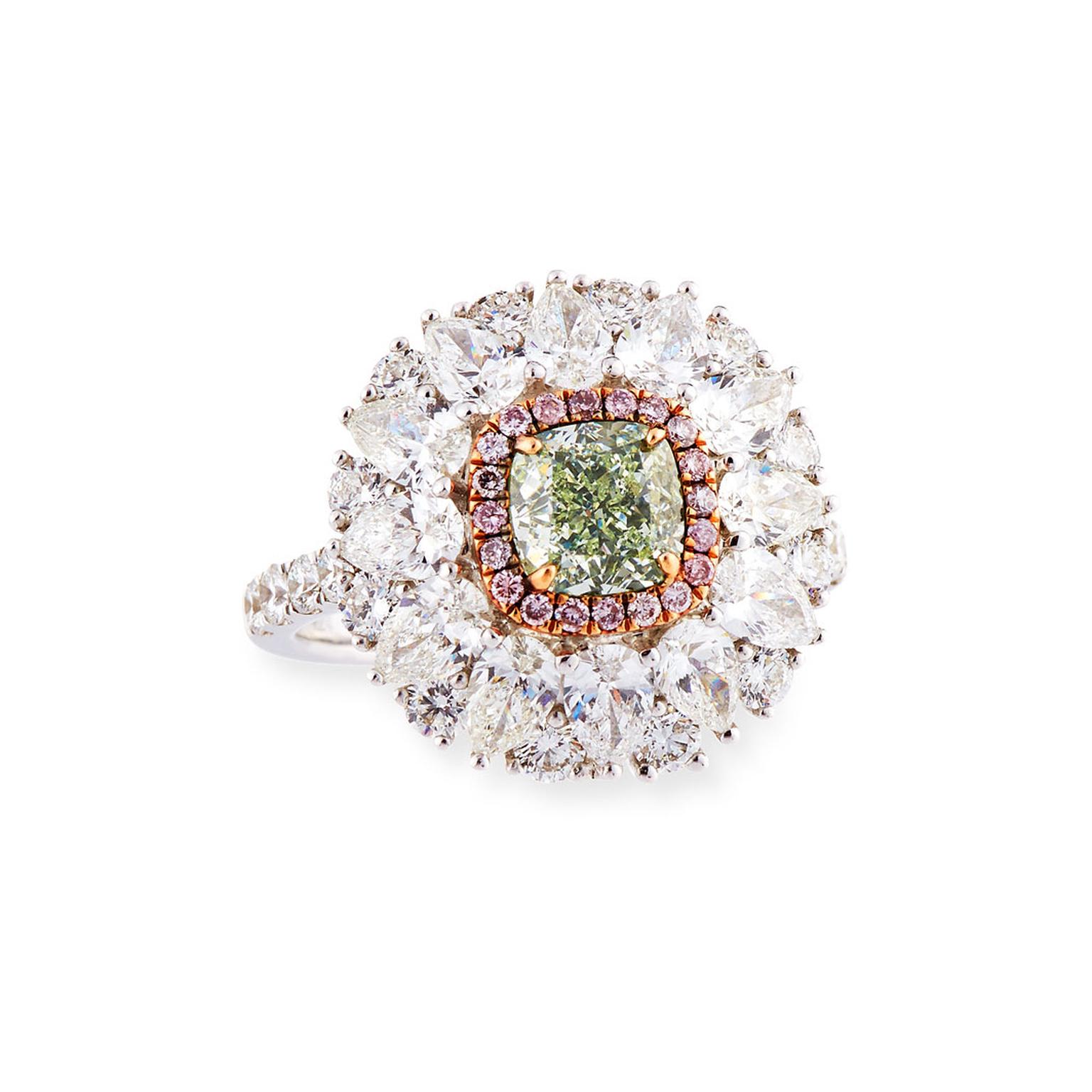 Light green diamond ring with pink and 