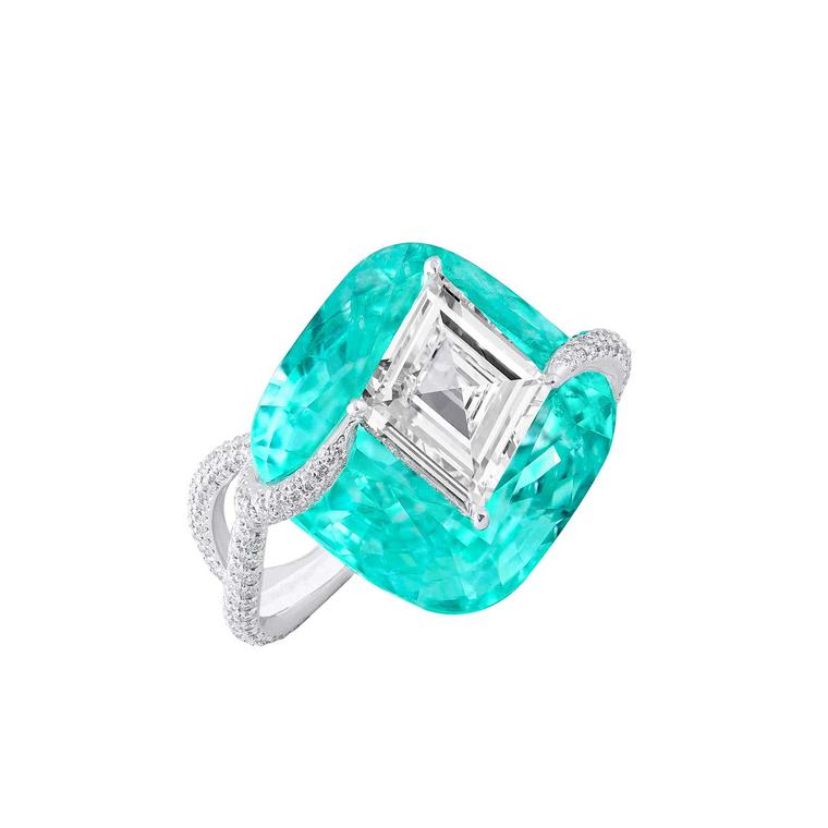 Diamond and Paraiba tourmaline “Kissing” ring