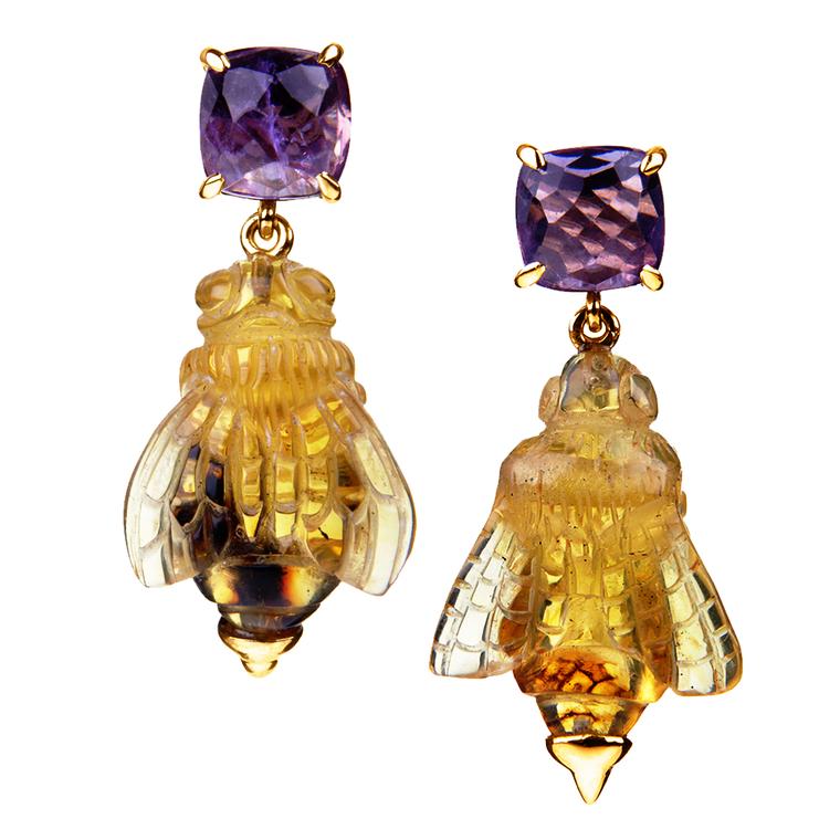 Fire wasp amber and amethyst earrings