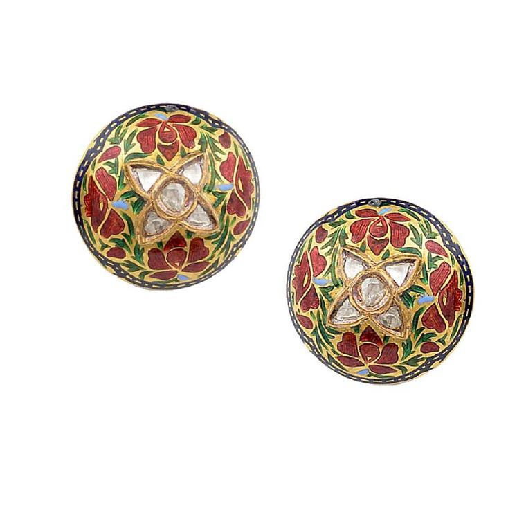 Intricate flower cufflinks by Amrapali, studded with rubies and diamonds.