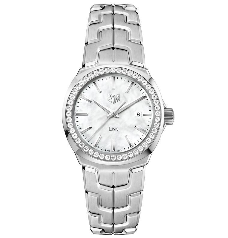 Lady Link watch with white mother-of-pearl dial and diamond bezel