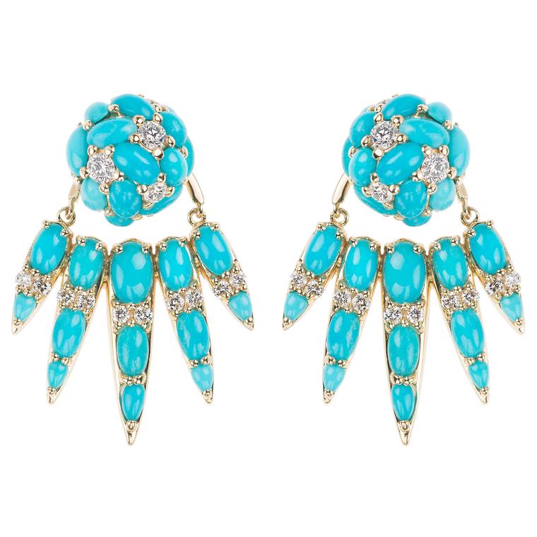 Spectrum turquoise and diamond ear jackets in yellow gold