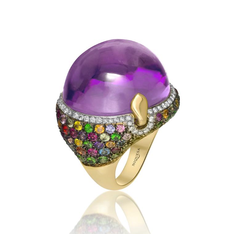 Venice Pulcinella amethyst ring with multicoloured gemstones
