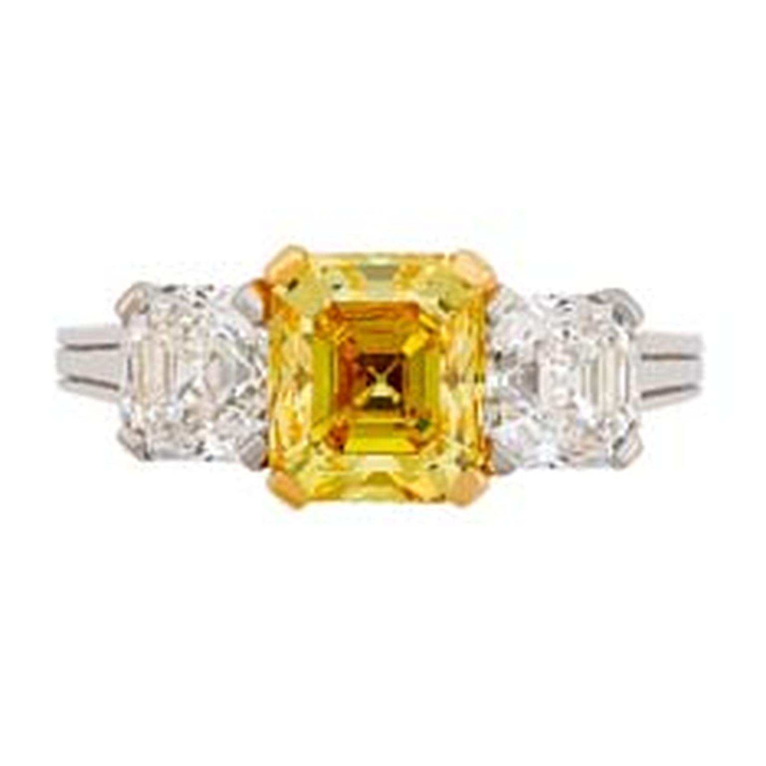 Hancocks Three stone yellow and white diamond engagement ring