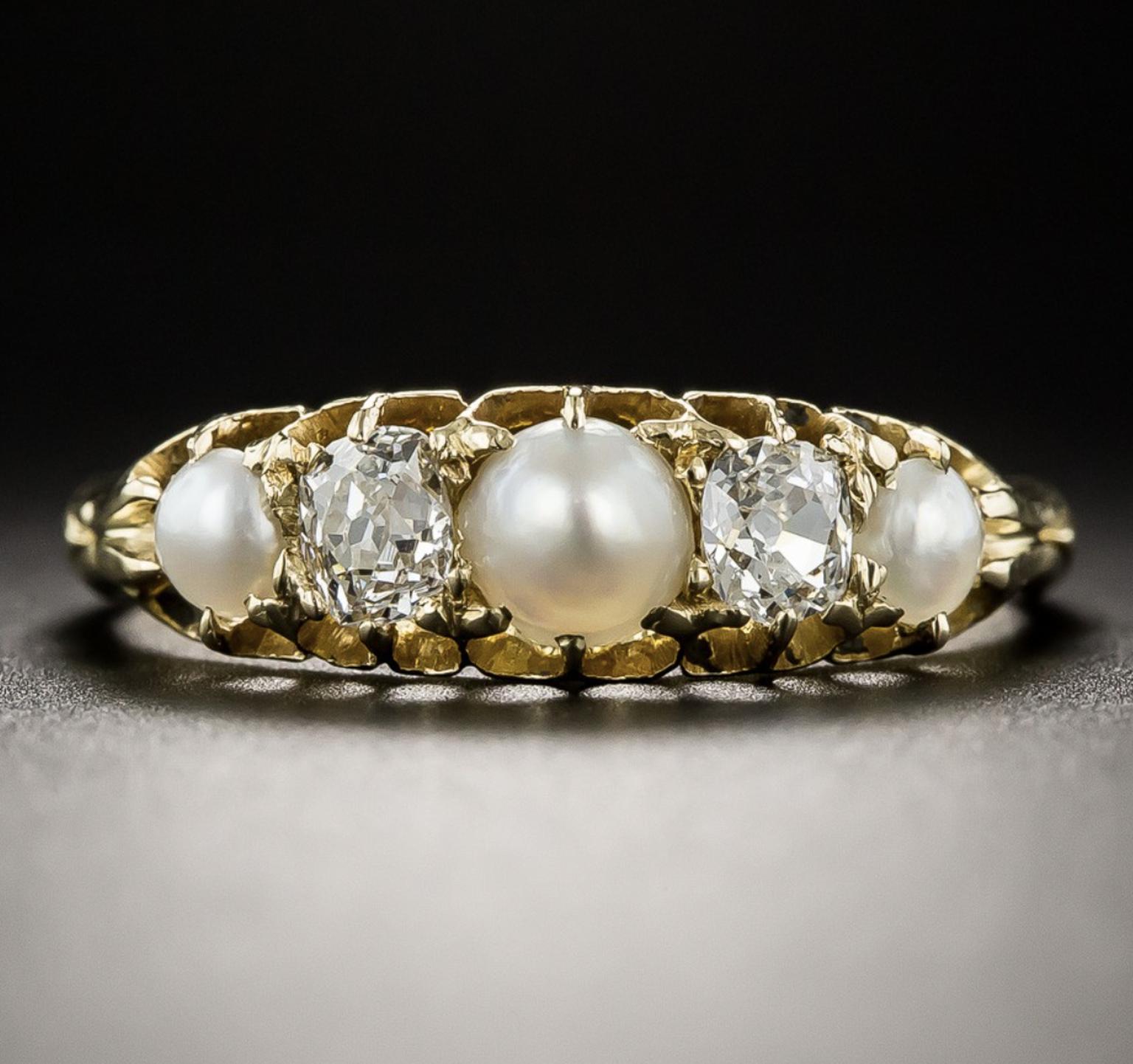 Natural pearl and diamond ring sold by Lang Antiques