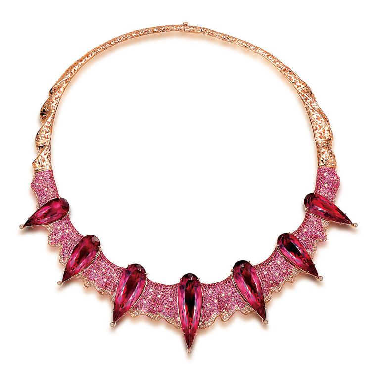 Gothic rubellite necklace with pink sapphires and diamonds