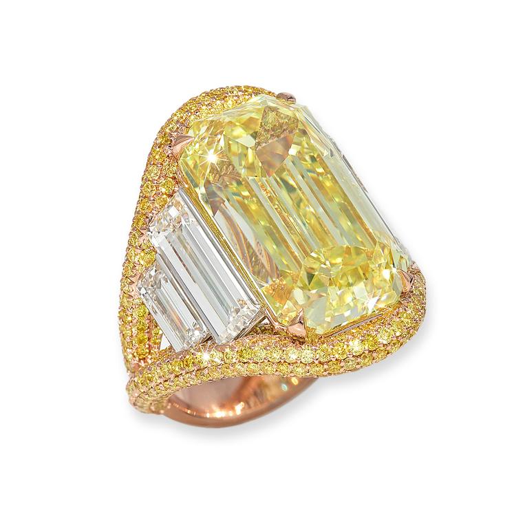 Emerald-cut yellow diamond ring