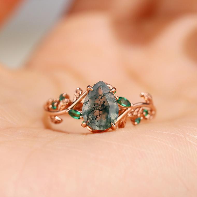 Pear moss agate ring by Molly Jewelry