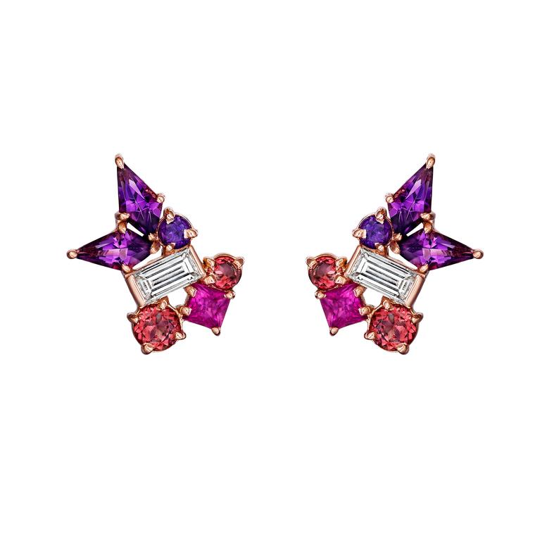 Melting Ice diamond, amethyst and pink sapphire stud earrings