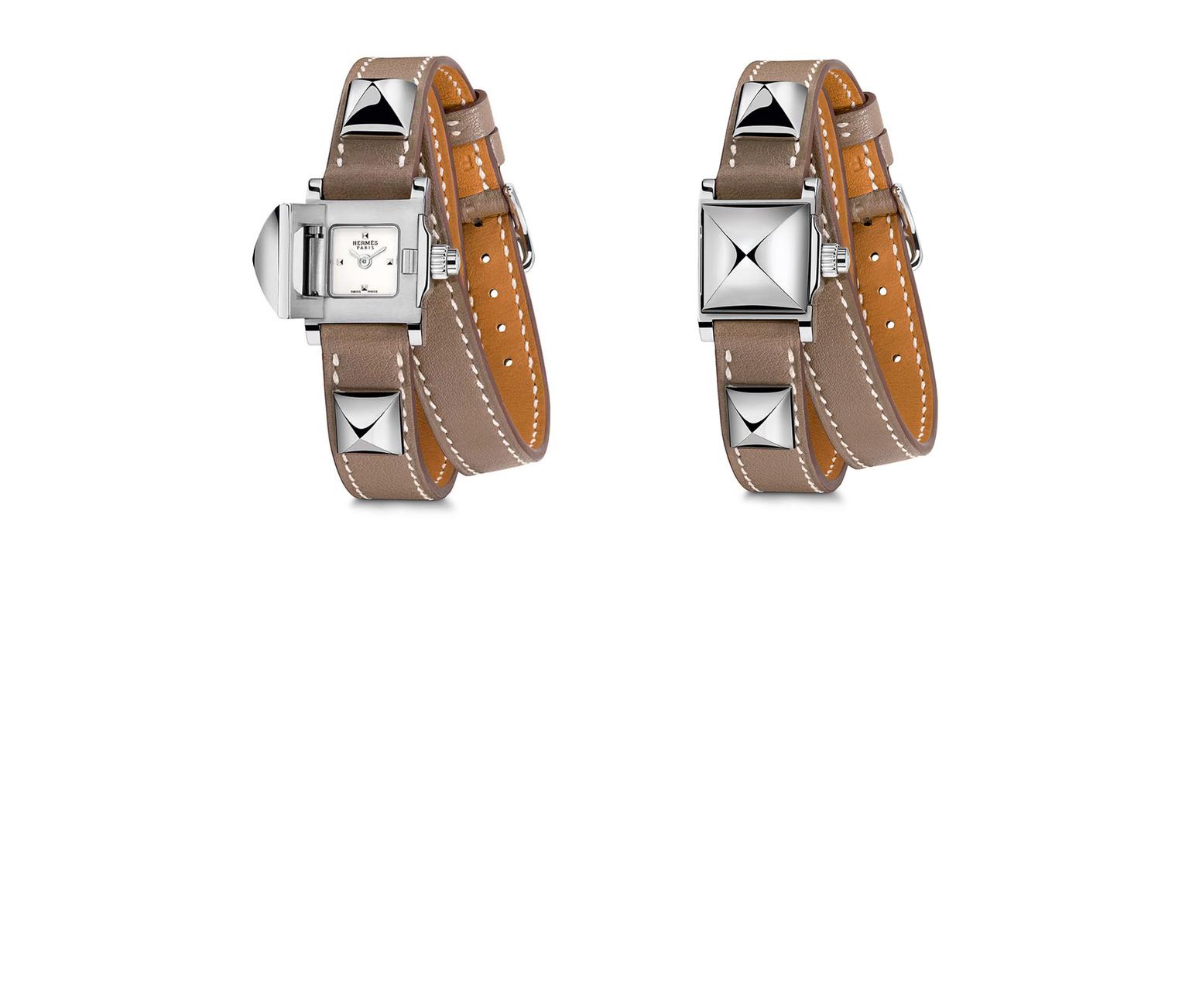 Médor Mini watch in steel with a double leather strap | Hermès | The