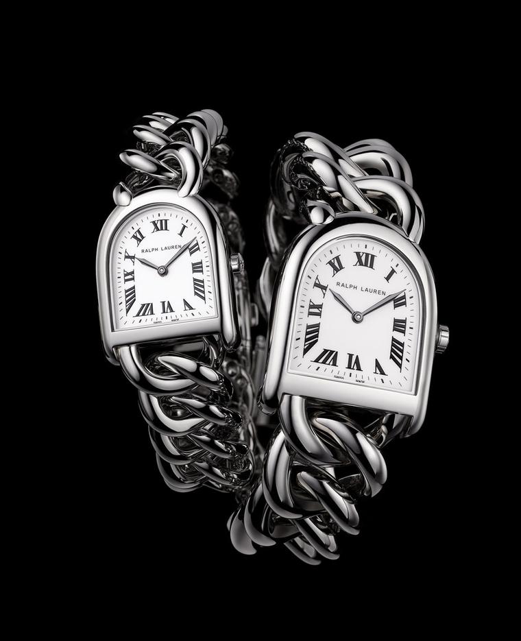 Launched this December, the new Ralph Lauren Stirrup Petit Link in stainless steel, with an off-white face, is pictured here alongside a larger model.