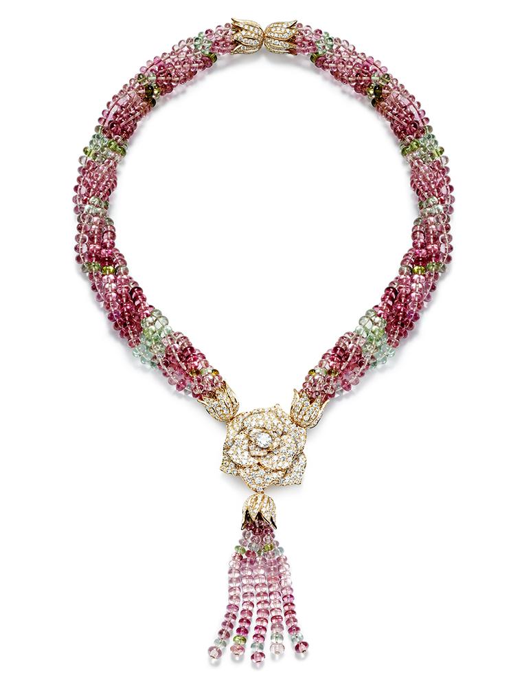 Piaget Rose Passion Tassle Necklace with pink sapphire tassels hanging from an iconic Piaget diamond and gold rose