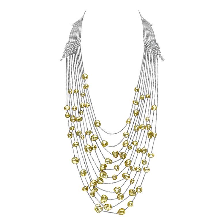 Mikimoto Gold Cascade necklace featuring gold pearls and diamonds in white gold