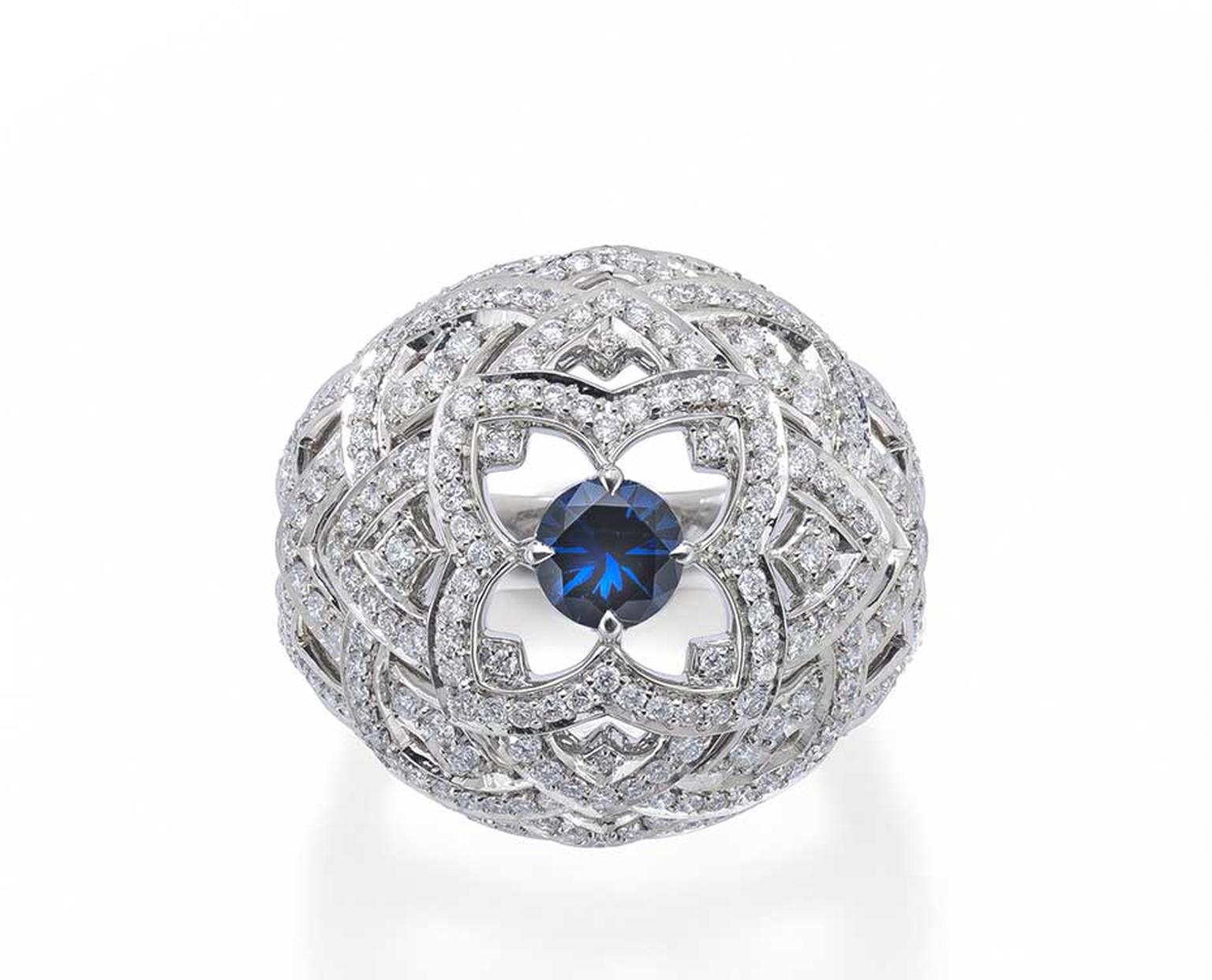 Mappin & Webb Floresco collection high jewellery ring in white gold, set with 250 diamonds and a vibrant brilliant-cut blue sapphire