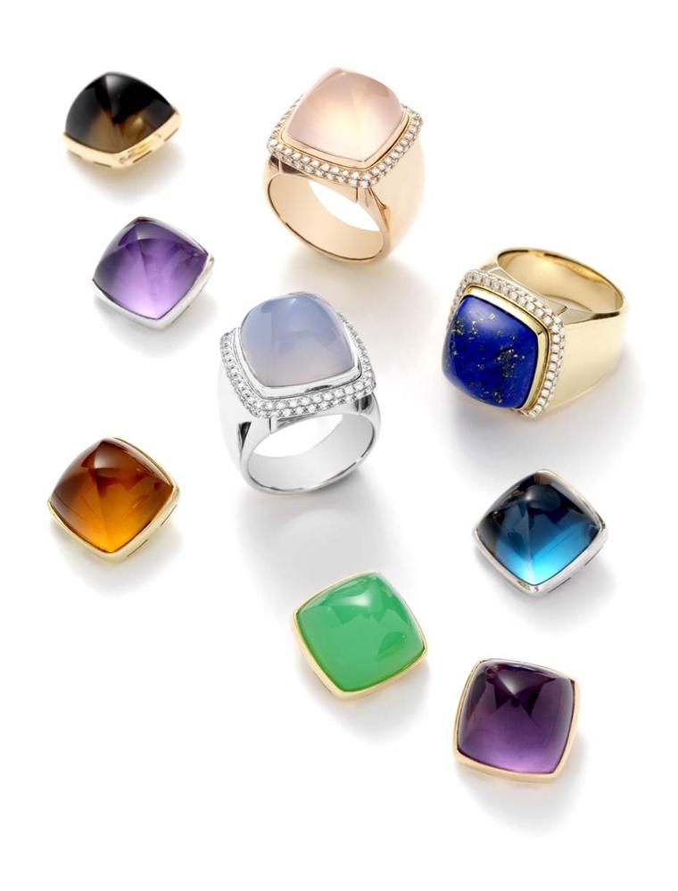 FRED Pain de Sucre rings with the choice of a cabochon tanzanite, aquamarine, tourmaline, green beryl or rubellite, which you can supplement with eight additional cabochon gemstones, including rose quartz, chalcedony, amethyst and lapis lazuli.