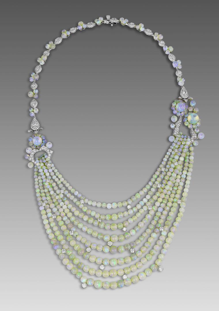 David Morris necklace with opal beads from the 1920s alongside brilliant-cut diamonds.