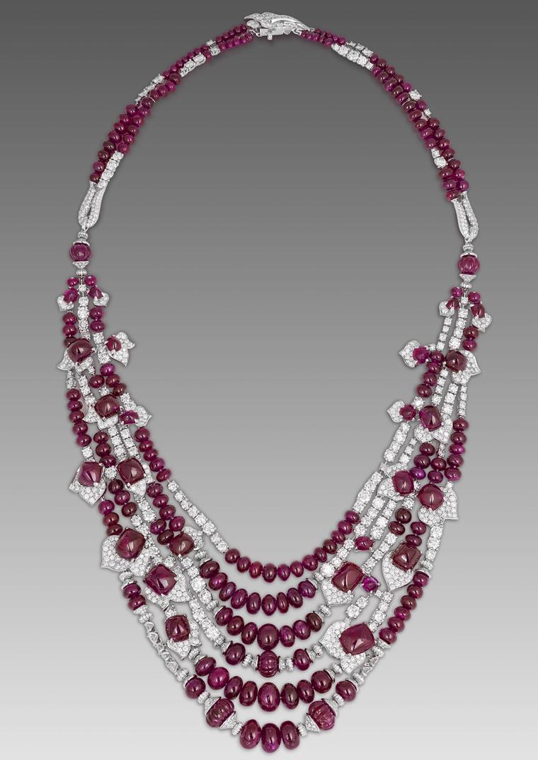 David Morris Burmese ruby and diamond necklace featuring ruby cabochons and beads.