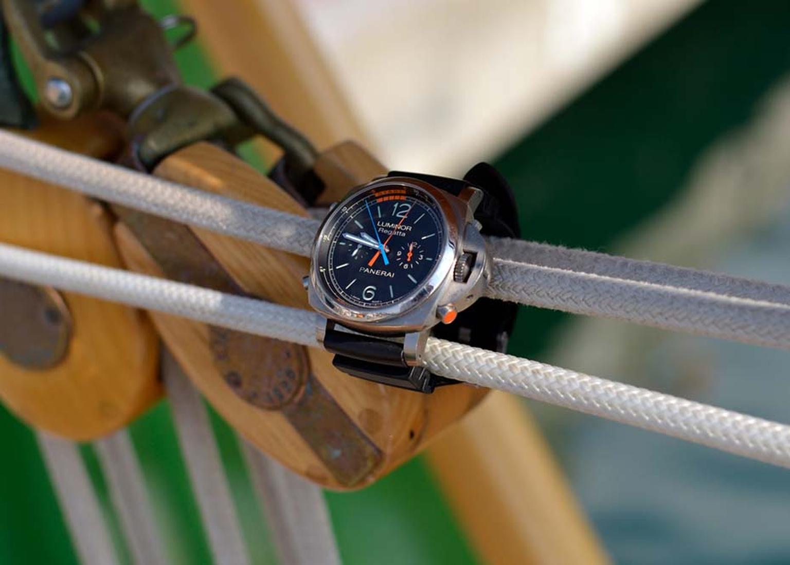 A sailor's best mate, the Panerai Luminor 1950 Regatta 3 Days Chrono Flyback Automatic watch, includes a handy tachymeter scale to gauge the speed of your wake in nautical knots.