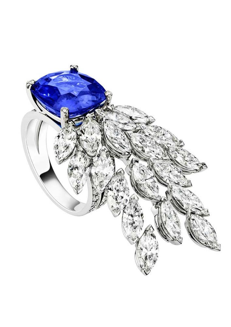 Extremely Piaget collection ring in white gold set with a cushion-cut blue sapphire, marquise-cut diamonds and brilliant-cut diamonds.