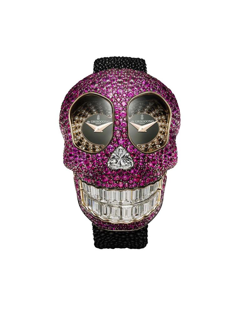 The cavernous eye wells of de GRISOGONO's new Crazy Skull high jewellery watch are set with a hypnotic spiral of black and white diamonds, which draw the eye to the two separate dials - a clever way to display the dual time zones.