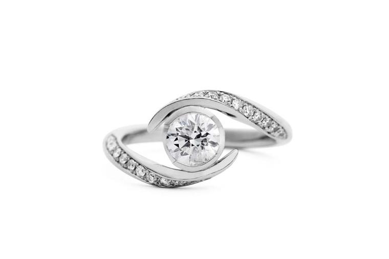 Jessica Poole Hexagon solitaire diamond engagement ring in brushed platinum with white diamonds.