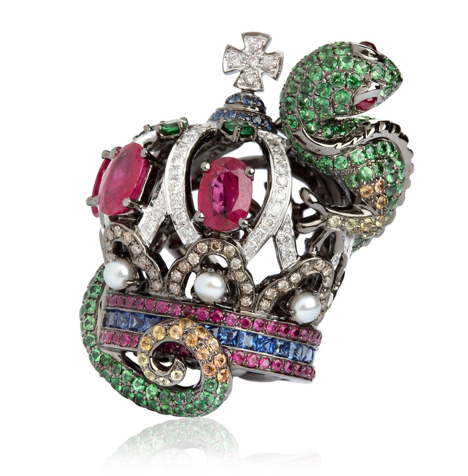 Wendy-Yue-Fantasie-Jubilee-18ct-white-gold diamond sapphire garnet-and-ruby-Lizard-ring