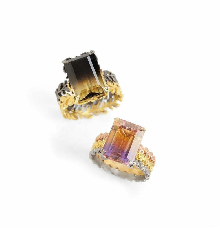 Beth Gilmour rings from the AW15 Dichroma collection featuring bi-colour quartz and ametrine.