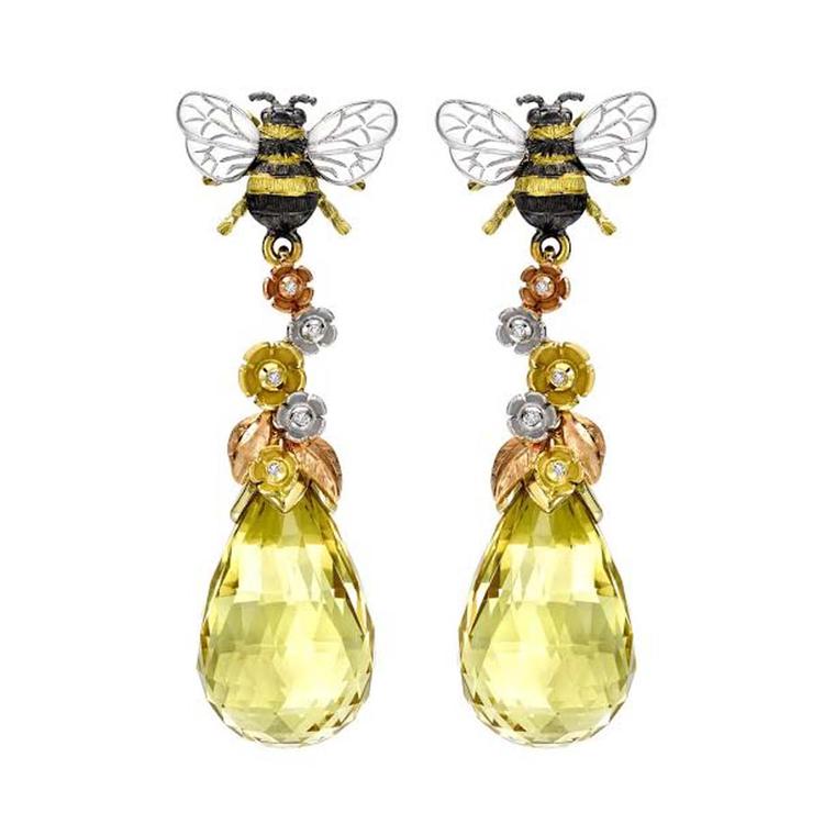 Theo Fennell Bee & Blossom earrings in yellow, white and rose gold with yellow beryl and diamonds.