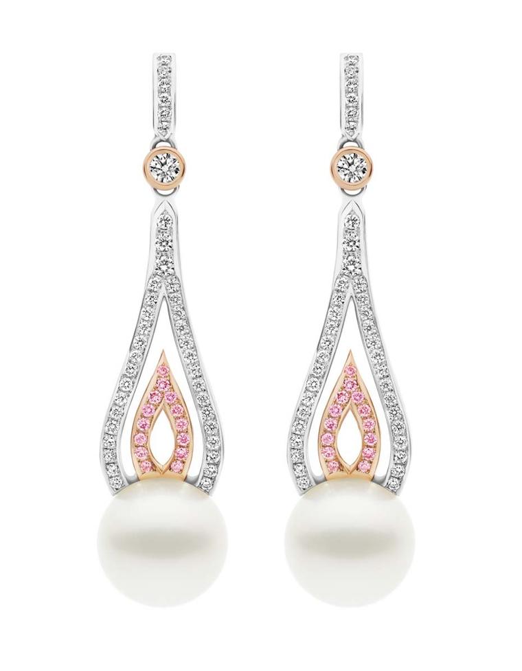 Flame South Sea pearl earrings with pink and white diamonds