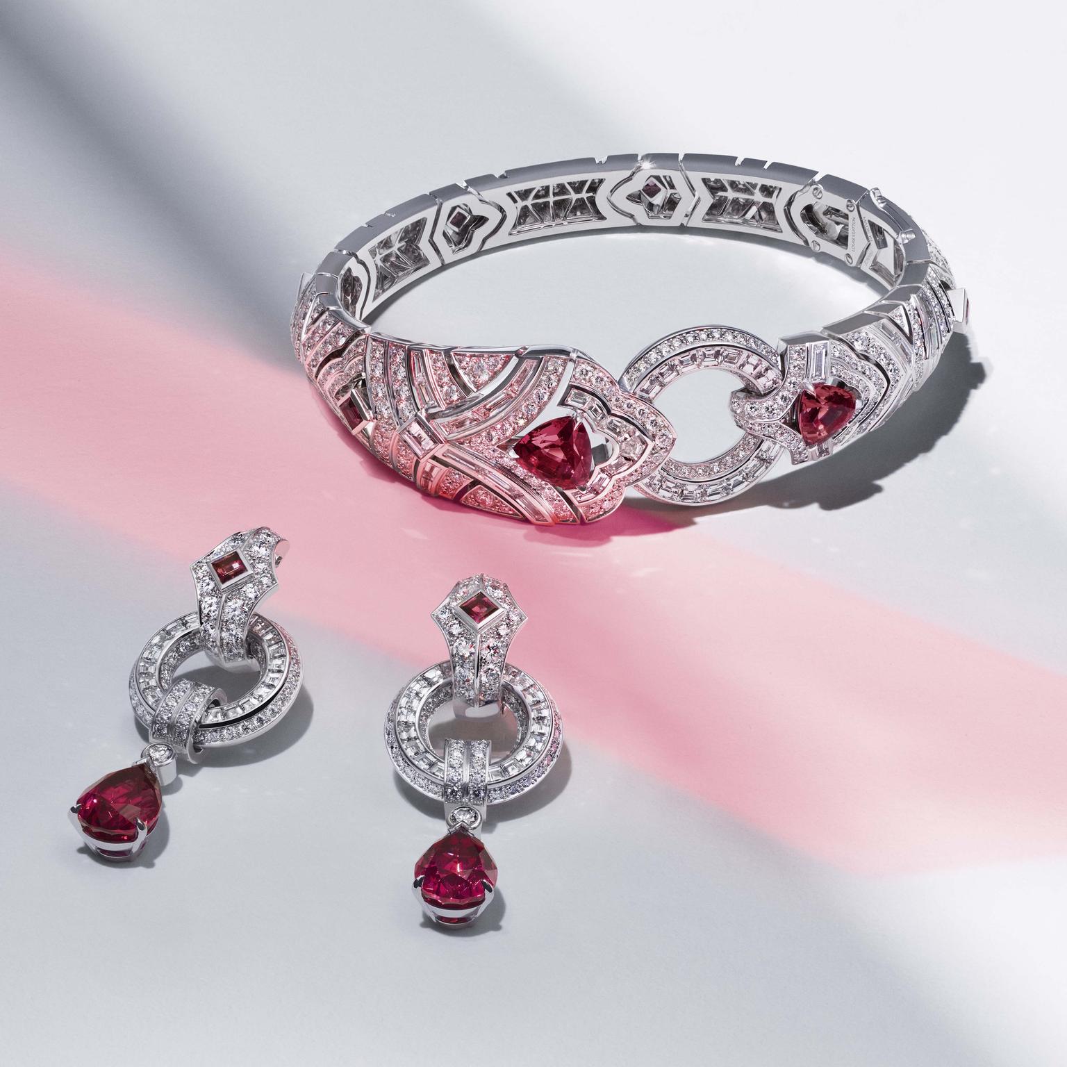 Louis Vuitton Riders of the Knights The La Cavaliere diamond and red spinel  bracelet and earrings, Louis Vuitton