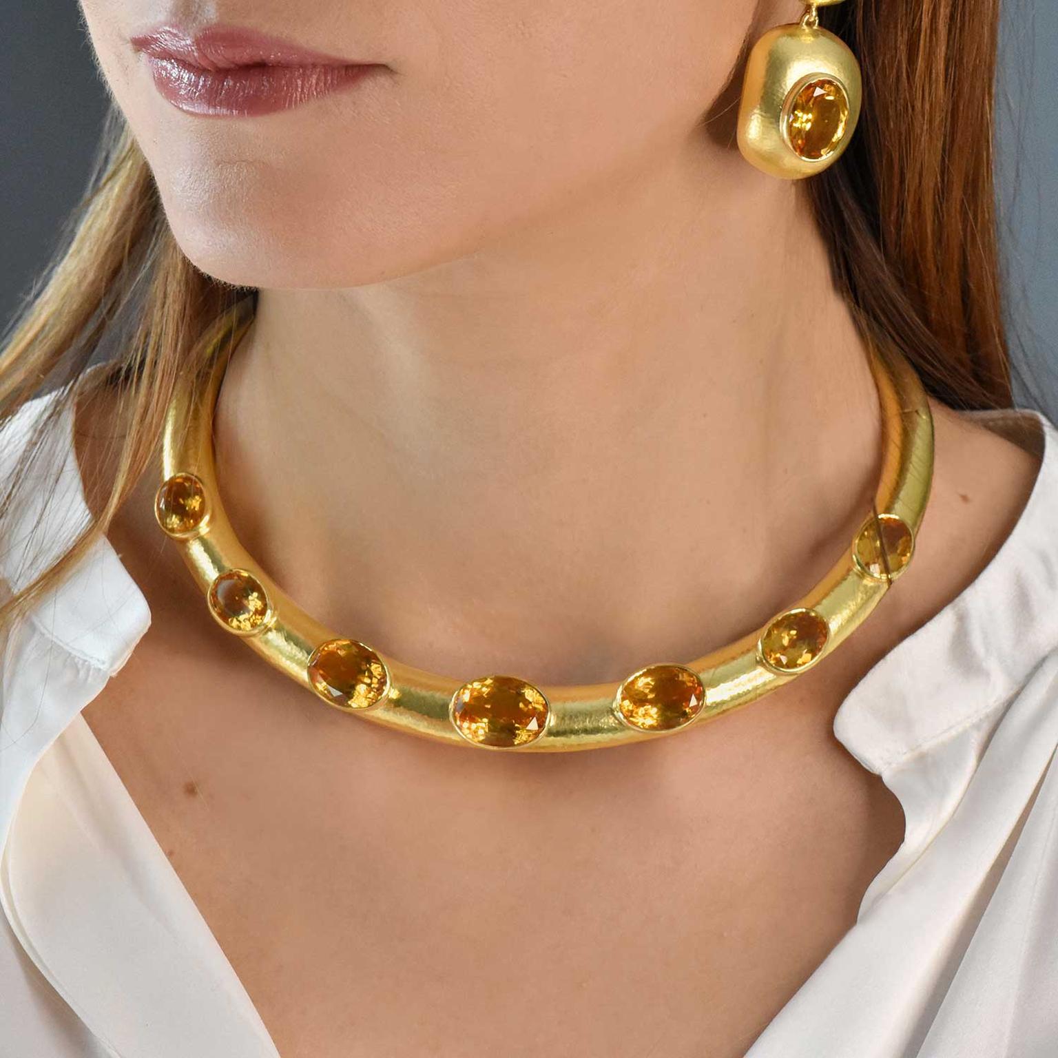 Lalaounis Neolithic citrine torque choker on model