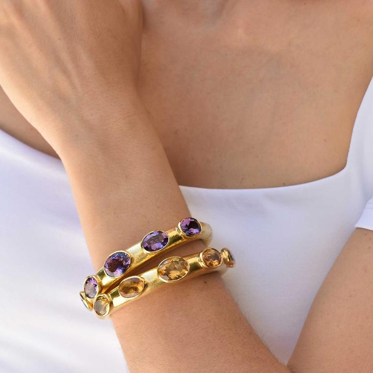 Lalaounis Neolithic citrine and amethyst bracelets on model