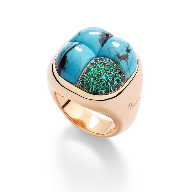 Mosaico ring with turquoie and emerald by Pomellato