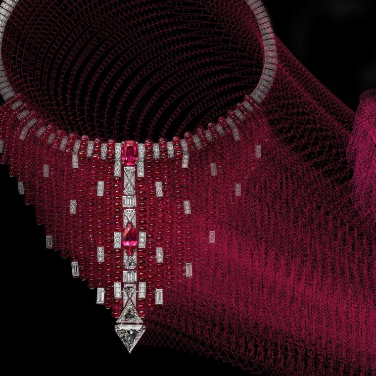 Detail of Cartier Kanaga Necklace with spinels and diamonds from Coloratura collection 2018