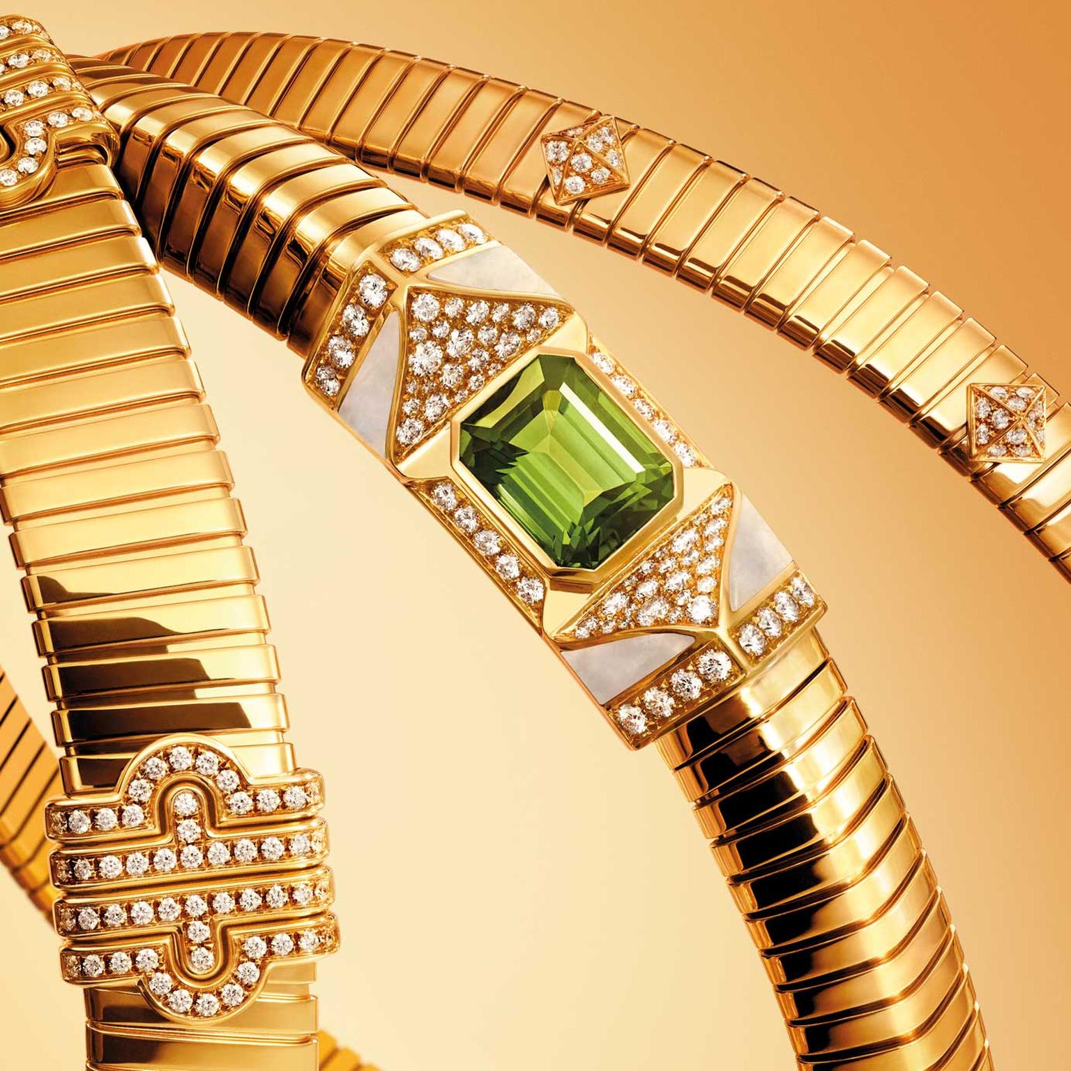 Bulgari Tubogas gold and diamond bracelets and tsavorite chokers-and-tsavorite-choker