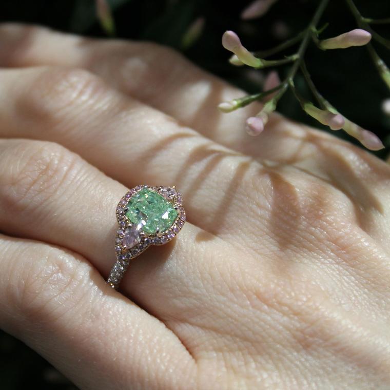 18ct white and rose gold fancy green & pink diamond Lombardia Ring
