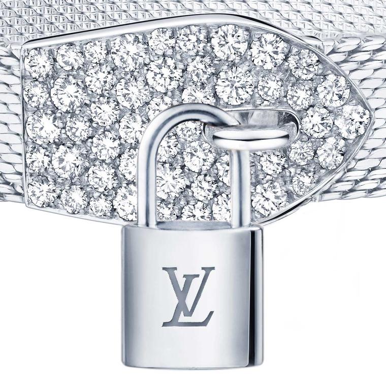 Louis Vuitton Lockit 18 Karat White Gold Diamond Pave Dangling Lock Ring LV  Box