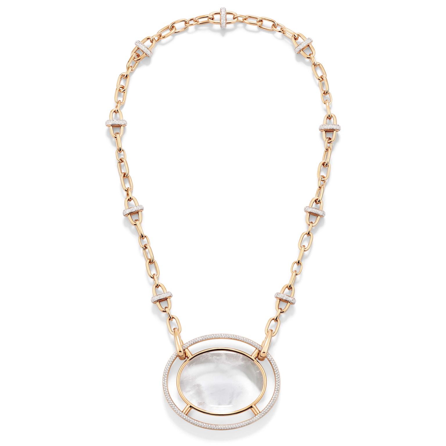 Bernini Loupe necklace by Pomellato in rose gold, white diamonds and rock crystal long version