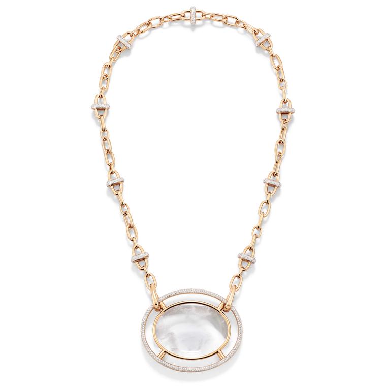 Bernini Loupe necklace by Pomellato in rose gold, white diamonds and rock crystal long version