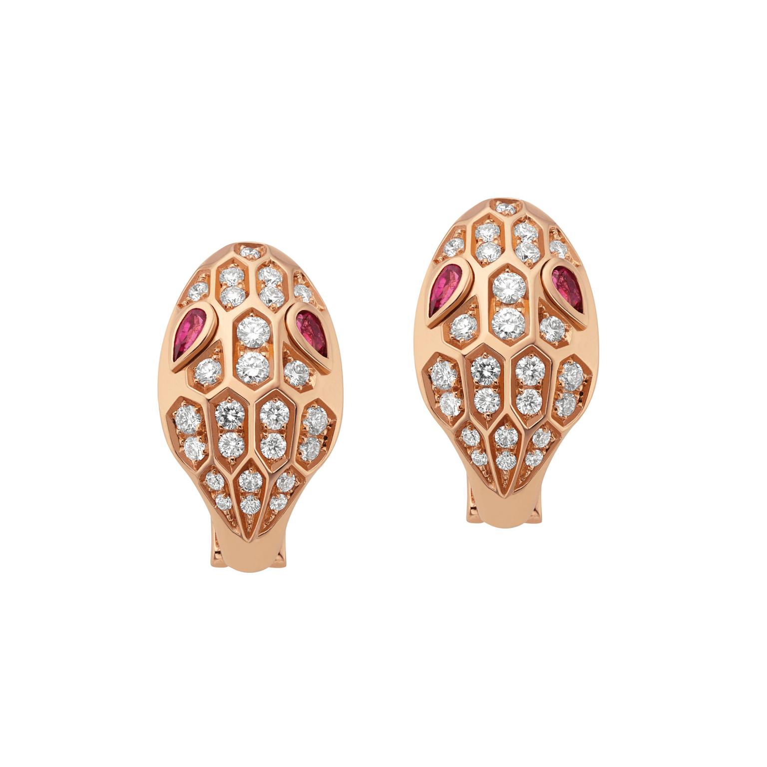 Serpenti Seduttori earrings in rose gold with rubellite eyes