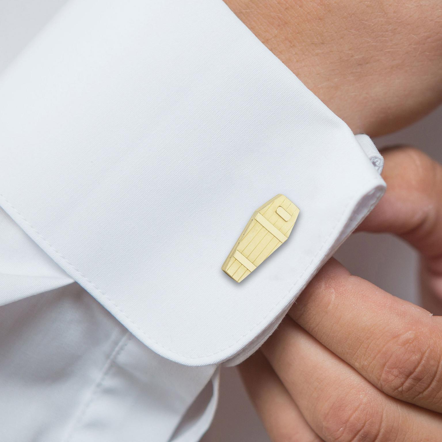 Opening Coffin Cufflinks by Theo Fennell on model