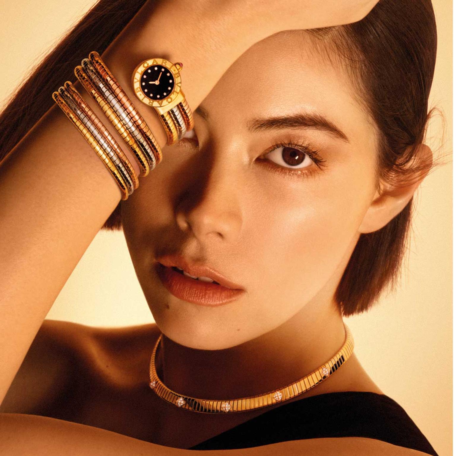 Bulgari Bulgari watch and Tubogas choker on Hikari Mori