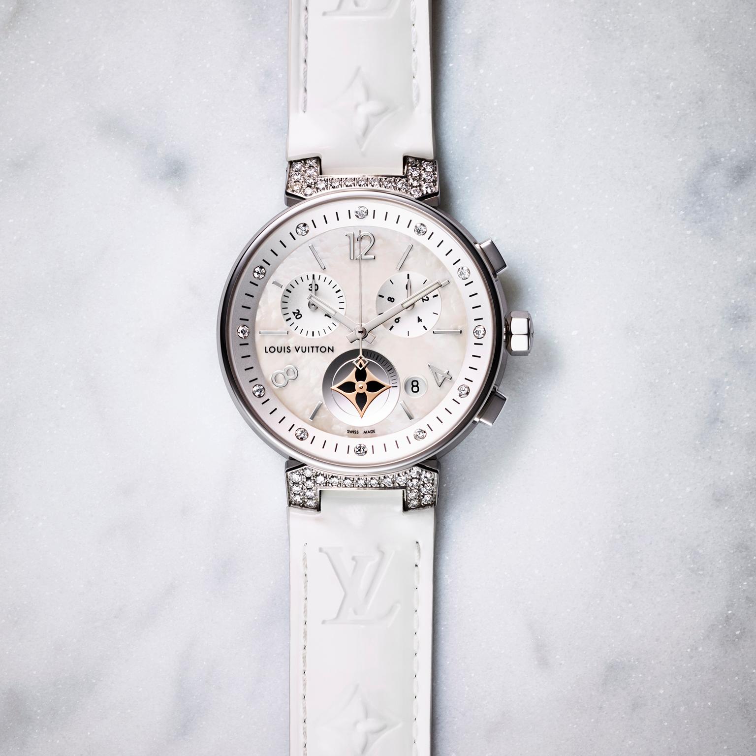 Tambour Moon Star Chronograph White watch with mother-of-pearl and diamonds, Louis Vuitton