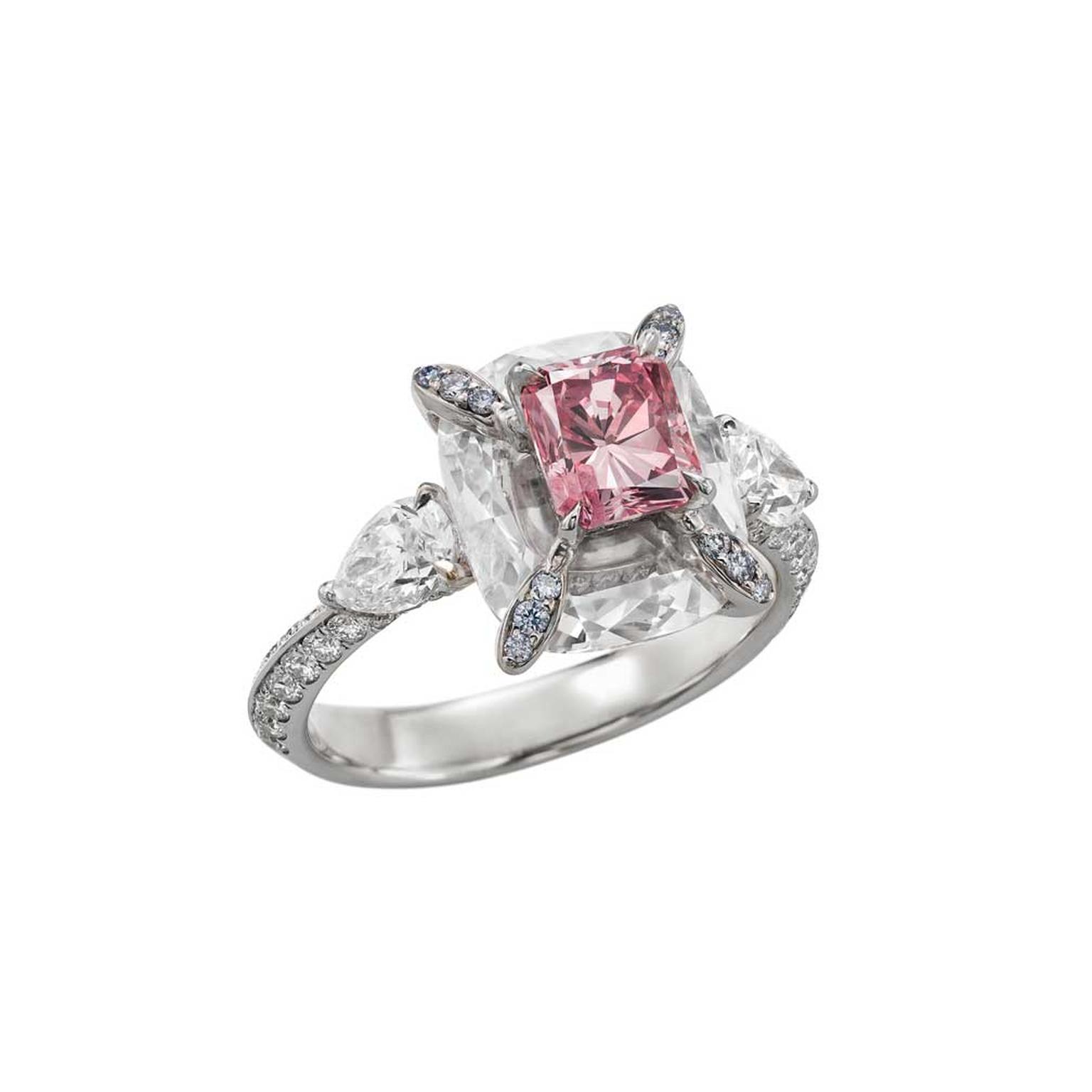 Aura fancy purplish pink cushion-cut diamond ring