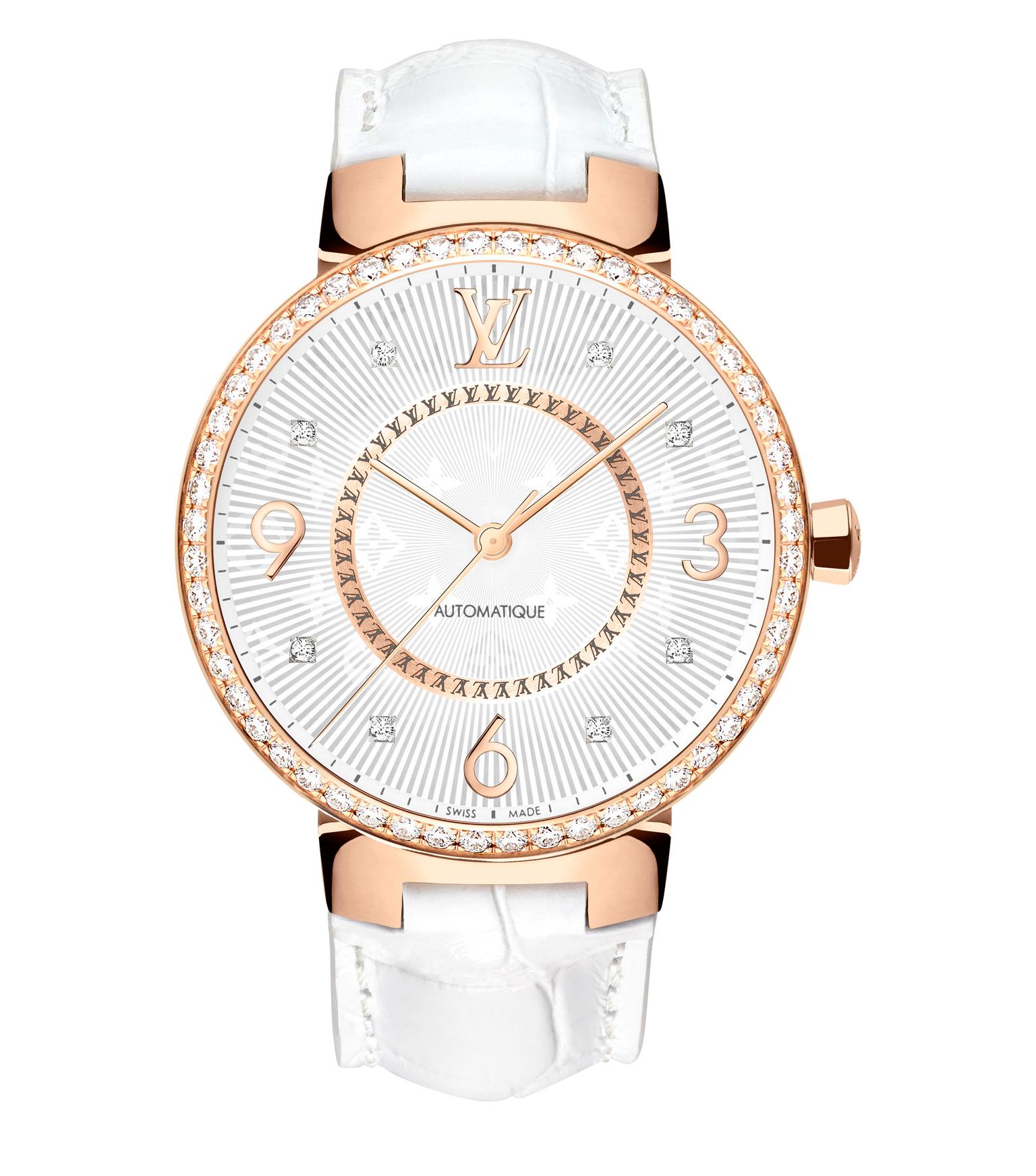 Tambour Monogram 35mm watch in pink gold with diamonds, Louis Vuitton