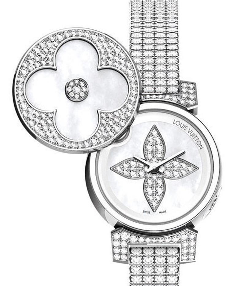 Watch Louis Vuitton Tambour Chronographe Lovely Cup Large  Tambour Lovely  Cup Q11BF0 Steel - Diamonds - White Mother-of-Pea