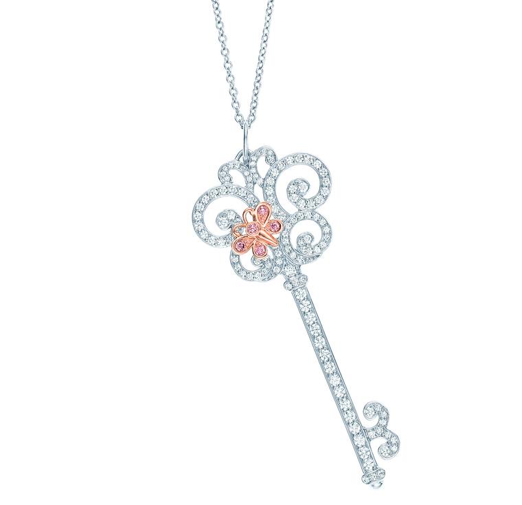 TIFFANY & Co. Platinum Diamond Small Pink Sapphire Heart Pendant  Necklace from
