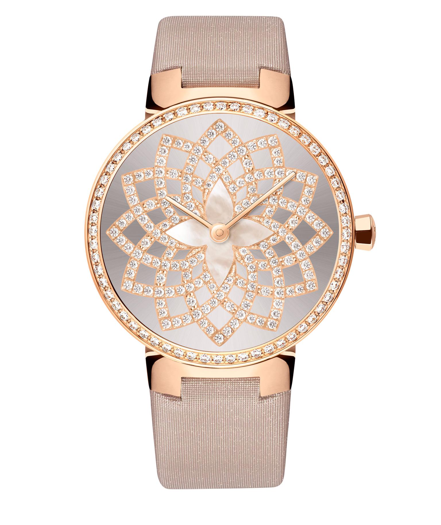 Tambour Monogram 35mm watch in pink gold with diamonds